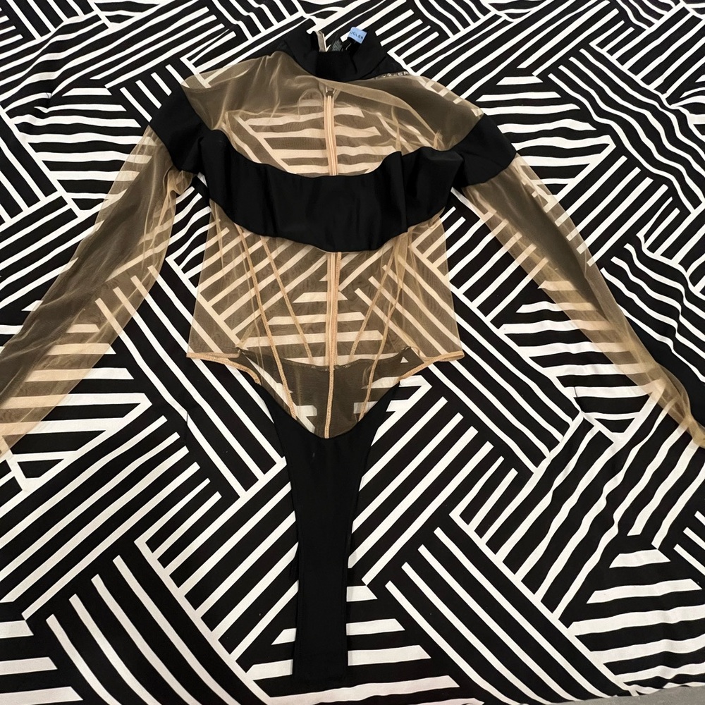 Mugler Black and Gold Sheer Bodysuit NEVER WORN